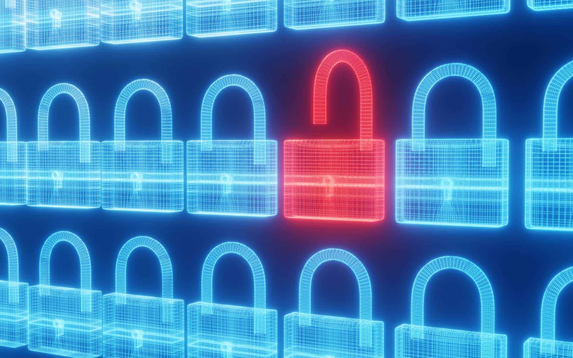 Bunch-of-blue-neon-light-glowing-locks-with-an-exceptional-red-one_